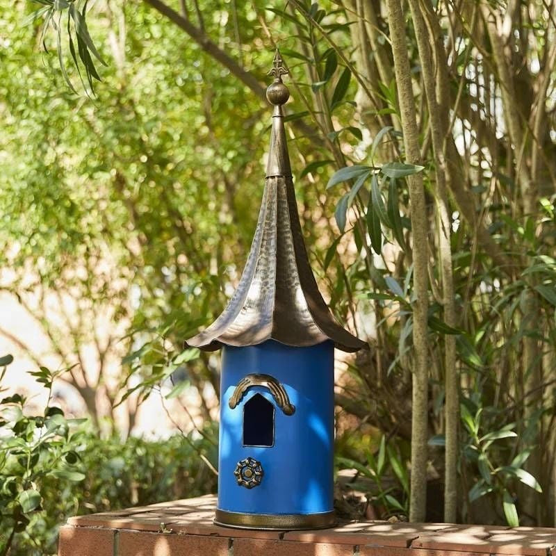 Outdoor Teal Blue Metal Birdhouse with Vintage Bronze Phonograph Style Roof