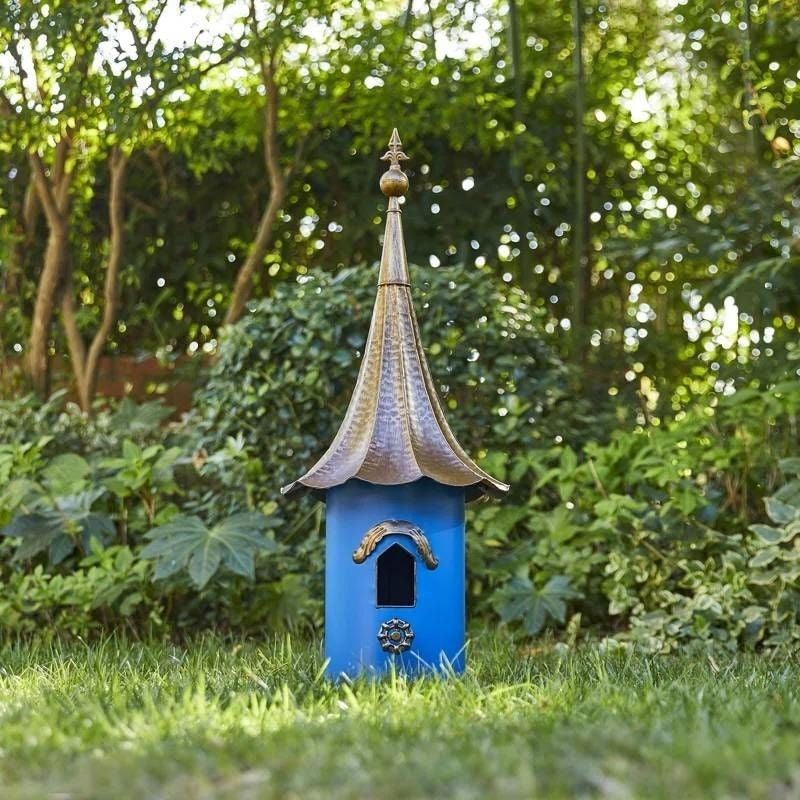 Outdoor Teal Blue Metal Birdhouse with Vintage Bronze Phonograph Style Roof