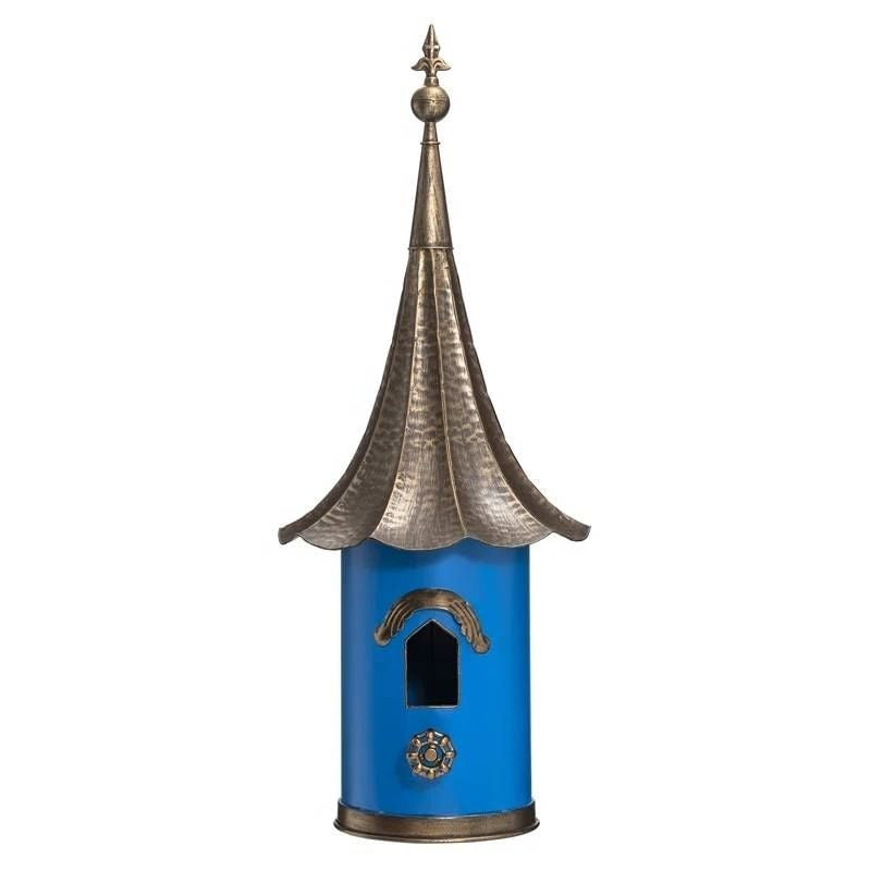 Outdoor Teal Blue Metal Birdhouse with Vintage Bronze Phonograph Style Roof