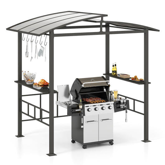 Hardtop Grill Gazebo with Vented Polycarbonate Roof Side Shelves-Black
