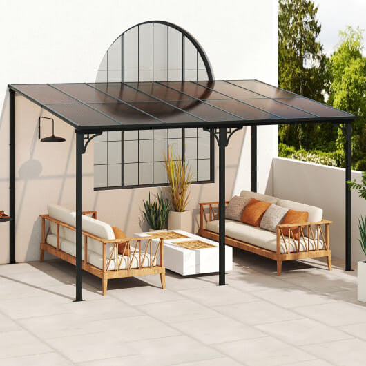 Wall-Mounted Patio Gazebo Large Outdoor Hardtop Pergola with Sloped Polycarbonate Roof-Black
