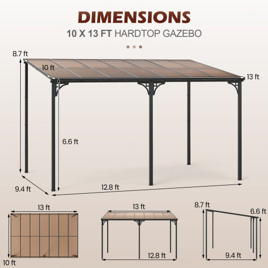 Wall-Mounted Patio Gazebo Large Outdoor Hardtop Pergola with Sloped Polycarbonate Roof-Black