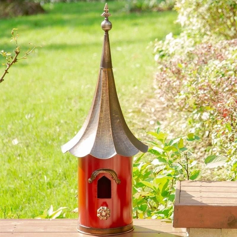 Outdoor Red Metal Bird House with Vintage Bronze Phonograph Style Roof
